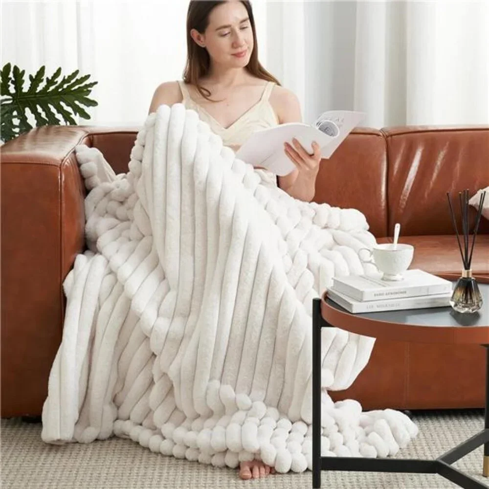 Faux Fur Throw Blanket Cozy Soft Plush Fuzzy Striped Blanket Couch Sofa Bedroom